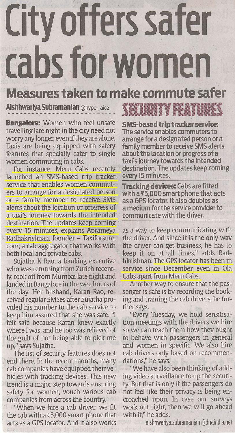 DNA Bangalore - City offers safer cabs for women