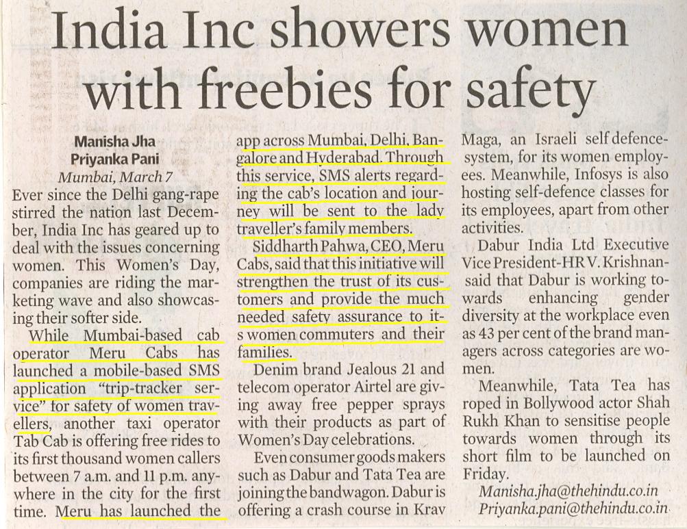 Hindu Business Line- India Inc showers women with freebies for safety